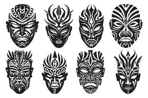 tribal tatuagem máscara facial Preto silhueta, tribal mascarar silhuetas, africano antigo totem religião face máscaras, ritual máscaras ilustração conjunto do diferente formas vetor