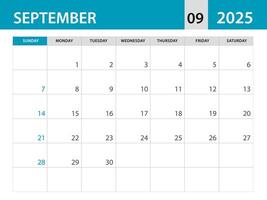 setembro 2025 modelo - calendário 2025 modelo , planejador por mês projeto, escrivaninha calendário 2025, parede calendário projeto, mínimo estilo, anúncio, poster, impressão meios de comunicação, azul horizontal disposição vetor