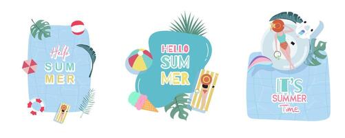festa verão Tempo objeto com piscina e de praia para cartão postal Projeto vetor