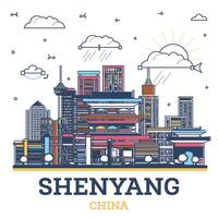 esboço Shenyang China cidade Horizonte com colori moderno e histórico edifícios isolado em branco. Shenyang paisagem urbana com pontos de referência. vetor