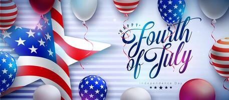 4º do Julho independência dia do a EUA ilustração com americano bandeira padronizar Estrela e festa balão em azul fundo. quarto do Julho nacional celebração Projeto com tipografia carta para vetor