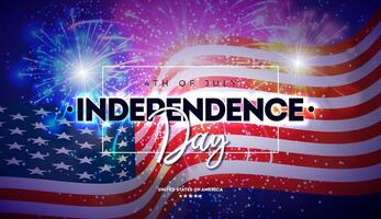 4º do Julho independência dia do a EUA ilustração com americano bandeira e brilhante fogos de artifício em noite céu fundo. quarto do Julho nacional celebração Projeto com tipografia carta para rede vetor