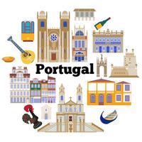 conjunto com marcos do Portugal, a ilustração é fez dentro uma plano estilo para papel de parede fundo, presente embalagem, lembrança produtos projeto, cartões postais e cadernos para turistas vetor