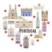 conjunto com arquitetônico marcos do Portugal, a ilustração é fez dentro uma plano estilo para papel de parede fundo, presente embalagem, lembrança produtos projeto, cartões postais e cadernos para turistas vetor