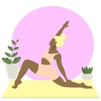 esportivo Preto jovem mulher fazendo ioga ginástica exercícios em a esteira, perto plantas. saudável estilo de vida. coleção do fêmea desenho animado personagens demonstrando vários ioga posições isolado em branco vetor