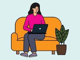 menina com computador portátil sentado em a sofá. freelance ou estudando conceito. fofa ilustração dentro plano estilo. vetor