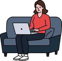 menina com computador portátil sentado em a sofá. freelance ou estudando conceito. fofa ilustração dentro plano estilo. vetor