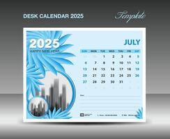 calendário 2025 projeto- Julho 2025 modelo, escrivaninha calendário 2025 modelo azul flores natureza conceito, planejador, parede calendário criativo ideia, anúncio, impressão modelo, eps10 vetor