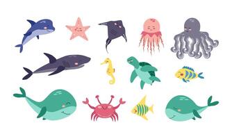 conjunto do mar animais. desenho animado ilustração para adesivos, produtos, Projeto para crianças livros, quartos de dormir e salas de jogos. vetor