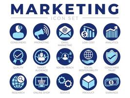 azul marketing ícone definir. consumidores, promoção, o email marketing, baixo custo, análise, qualidade, alvo público, social, confiar, pesquisar, conectados comprar, serviço, produtos, loja online e ganho ícones vetor