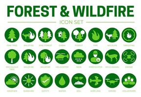 verde floresta e incêndios volta ícone conjunto com fogo, pinho, cabine, animais selvagens, helicóptero, chuva, clima, bombeiro, selvagem animal, drone, água, avião, voluntários, solo, segurança, brilho do sol símbolos vetor