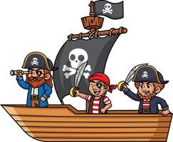 pirata equipe técnica a bordo uma navio com Preto velas ilustração vetor