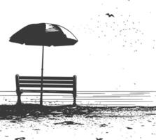 silhueta Banco com guarda-chuva em a de praia Preto cor só vetor
