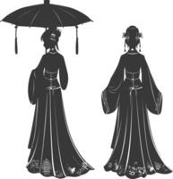 silhueta independente chinês mulheres vestindo Hanfu com guarda-chuva Preto cor só vetor