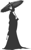 silhueta independente chinês mulheres vestindo Hanfu com guarda-chuva Preto cor só vetor