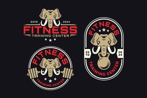 elefante com barra e kettlebell logotipo Projeto para fitness, academia, musculação, levantamento de peso clube vetor