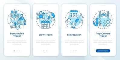 viagem tendências azul onboarding Móvel aplicativo tela. turismo passo a passo 4 passos editável gráfico instruções com linear conceitos. interface do usuário, ux, gui modelo vetor