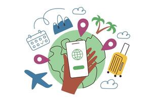 planejamento viagem composição, globo com localização ícones, mão com Smartphone, ilustração do Móvel aplicativo para turistas, local na rede Internet para Viajantes, organizando férias, mala, calendário rabiscos vetor