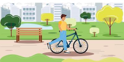 jovem caminhando com uma bicicleta no parque da cidade e aproveitando o tempo ensolarado. ilustração de design plano.