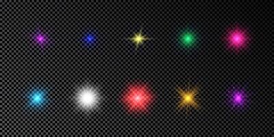 luz efeito do lente chamas. conjunto do multicolorido brilhando luzes starburst efeitos com brilhos em uma Sombrio fundo. ilustração vetor