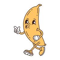 retro groovy engraçado fruta. danadinho antropomórfico personagem amarelo banana. plano ilustração isolado em branco fundo vetor