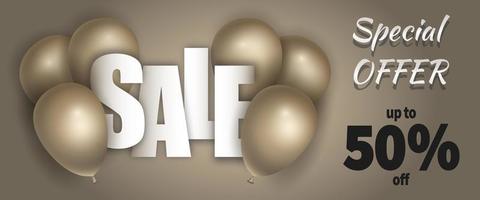 venda, oferta especial com balões de ar realistas de ouro. modelo de design de vetor