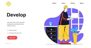 desenvolver o conceito de banner da web de software. homem programador trabalhando no laptop, site de programação e codificação ou aplicativo, modelo de página de destino. ilustração vetorial com cena de pessoas em design plano vetor