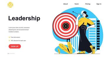 conceito de banner de web de liderança. empresária desenvolve negócios, visa o alvo, estratégia de crescimento de marketing bem-sucedida, modelo de página de destino. ilustração vetorial com cena de pessoas em design plano vetor