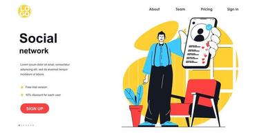 conceito de banner da web de rede social. homem usando aplicativo móvel para postar foto, coleta curtidas e seguidores, modelo de página de destino de comunicação online. ilustração vetorial com cena de pessoas em design plano vetor