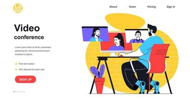 conceito de banner da web de videoconferência. homem faz videochamada e fala em grupo de bate-papo usando o computador. modelo de página de destino de comunicação online. ilustração vetorial com cena de pessoas em design plano vetor