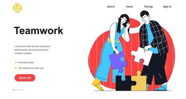 conceito de banner da web do trabalho em equipe. colegas de homem e mulher com colaboração de quebra-cabeças e brainstorming, trabalhando no modelo de página de destino de negócios. ilustração vetorial com cena de pessoas em design plano vetor