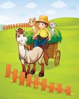 um menino andando de carroça com gatos na campina vetor