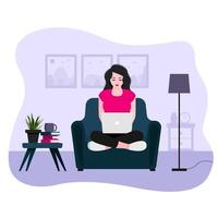 uma jovem se senta em casa em uma poltrona, trabalha em um laptop. conceito freelance. ilustração vetorial vetor