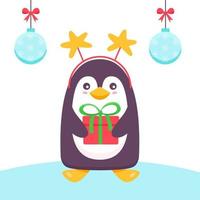 pinguim com um presente e uma borda de estrelas na cabeça. conceito de Natal e ano novo. pinguim de ano novo para o natal. ilustração vetorial vetor