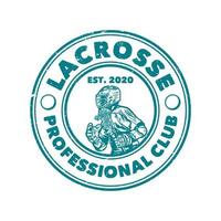 design de logotipo clube profissional de lacrosse est 2020 com um homem segurando um taco de lacrosse ao jogar lacrosse ilustração vintage vetor