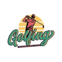 logotipo design de golfe clube profissional com um homem balançando seus tacos de golfe ilustração vintage vetor