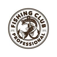 desenho de logotipo clube de pesca profissional em preto e branco com ilustração vintage de peixes do lúcio do norte vetor