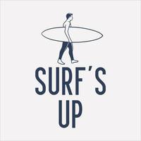 design de camiseta surfar com surfista caminhando sobre ela ilustração vintage vetor