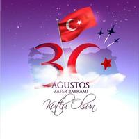 cartão de celebração nacional da Turquia, distintivo, banner ou pôster desenho vetorial 30 agustos zafer bayrami kutlu olsun, tradução em inglês, feliz 30 de agosto, dia da vitória vetor