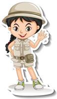 adesivo de garota em traje de safari personagem de desenho animado vetor