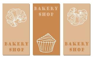 conjunto de pôsteres de padaria - cupcake de contorno, croissant e letras em tons de bege, design minimalista para a indústria alimentícia