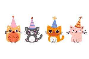 conceito feliz aniversário rabisco gatos definir. aniversário festa engraçado personagem gatos vetor