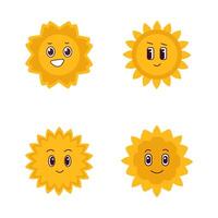 conjunto amarelo feliz Sol com face. isolado legal. fofa quadrinho mascote símbolos. Projeto gráfico elementos. vetor