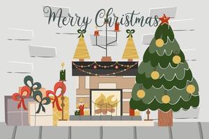 loft de tijolos de natal com lareira, árvore do abeto, texto feliz natal.decorado com bolas de abeto e velas de lareira e presentes. ilustração em vetor de um interior festivo.