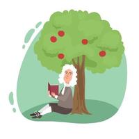 Cientista sorridente Newton lendo livro sob a maçã da árvore vetor
