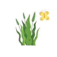 planta de trigo verde perto de ícone de borboleta colorida, estilo desenho animado vetor