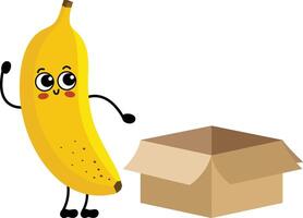 engraçado banana personagem mascote com aberto cartão caixa vetor
