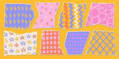 rasgado papel peças para vintage colagem composições. ilustrações conjunto com irregular papéis decorado com infantil engraçado padrões. vetor