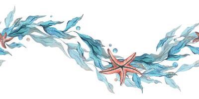 algas marinhas dentro a forma do uma onda com estrelas do mar e água bolhas. aguarela ilustração mão desenhado dentro turquesa e coral cores. desatado fronteira, padronizar isolado a partir de a fundo vetor