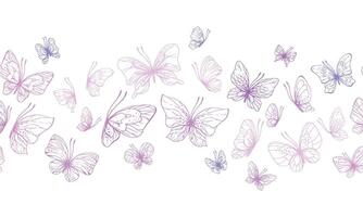 borboletas estão rosa, azul, lilás, vôo, delicado linha arte, grampo arte. gráfico ilustração mão desenhado dentro rosa, lilás tinta. desatado borda padronizar eps vetor